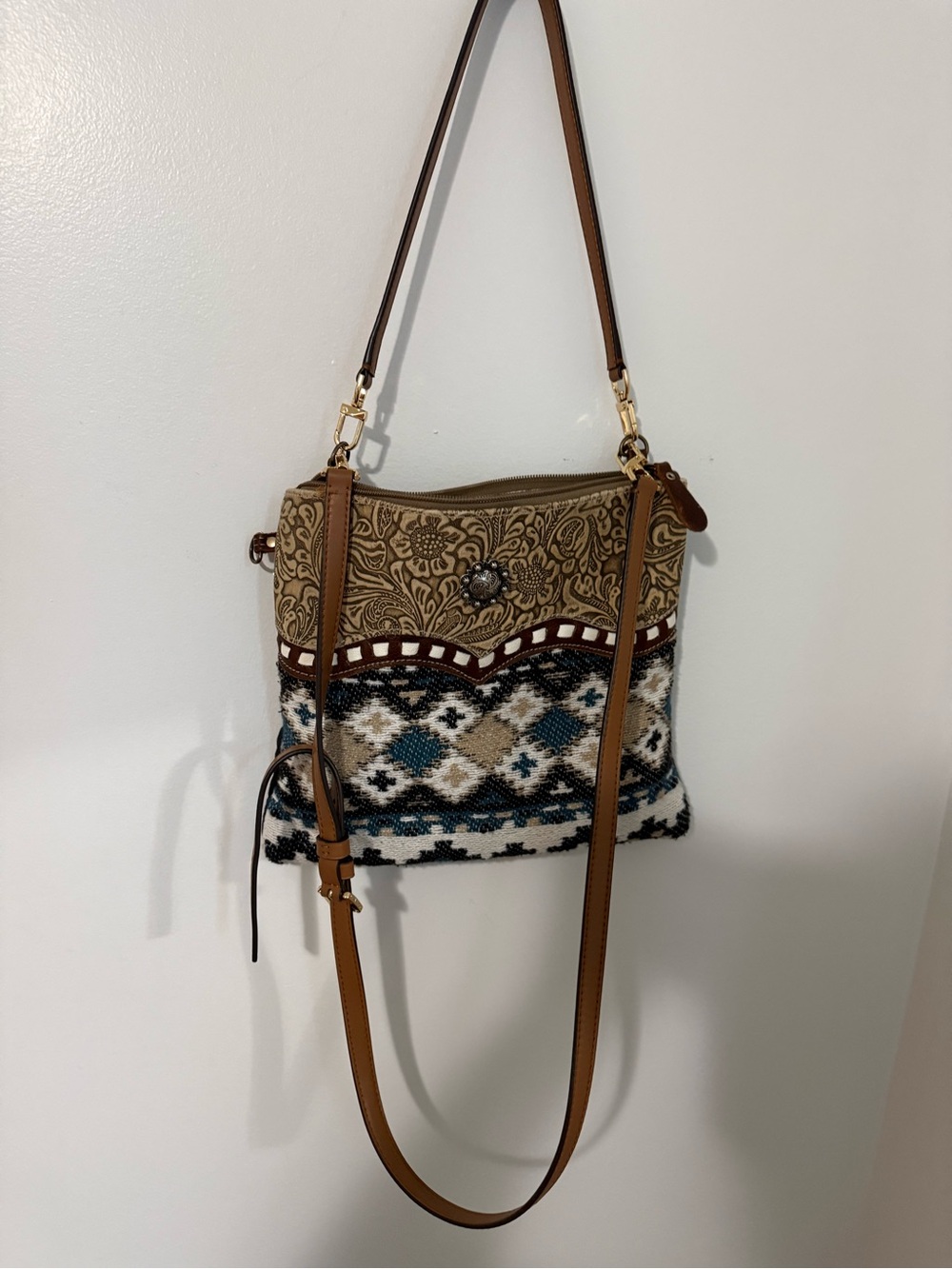 Myra Bag Tan, Teal and Black Woven Crossbody